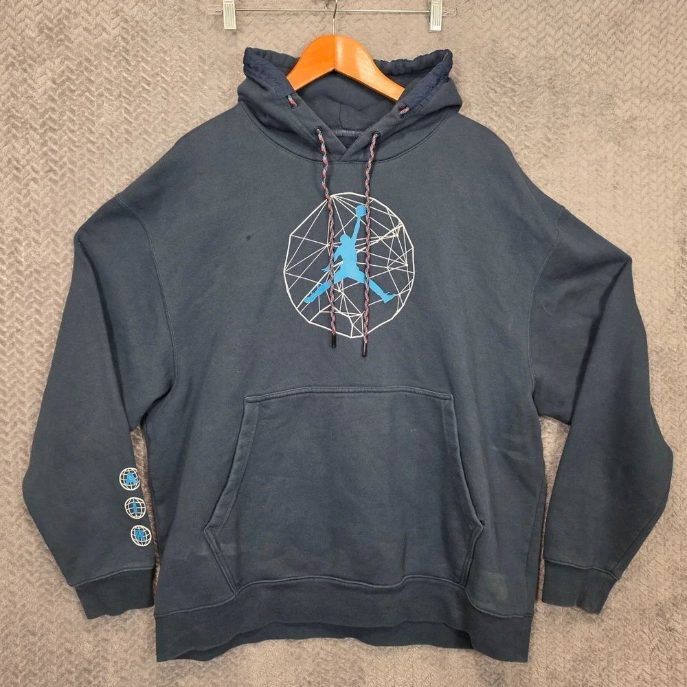 Jordan Mens XXL Navy Blue Jumpman Geometric Globe Graphic Pullover Hoodie